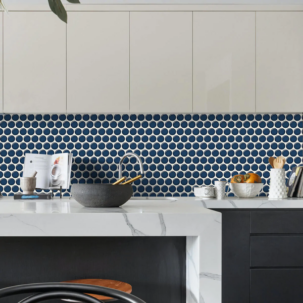 Dark Blue Penny Round Peel and Stick Backsplash Tile