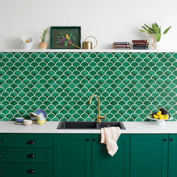 green fish scale backsplash tiles