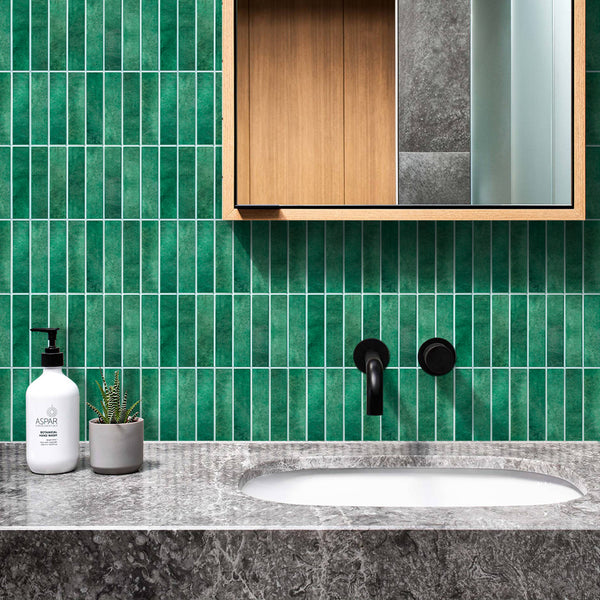 Get Creative With 3D Green Straight Linear Mosaic Peel and Stick Tile And Revamp Your Bathroom Vanity