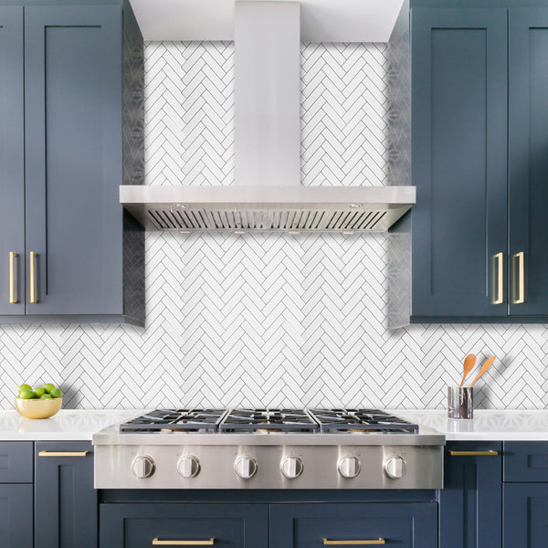 White Thicker Herringbone Peel and Stick Backsplash