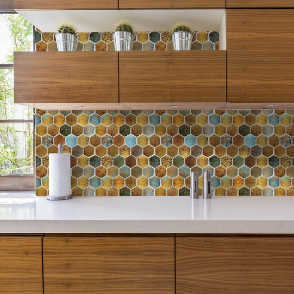 Metal Color Hexagon Peel and Stick Vinyl Backsplash Tile for Kitchen