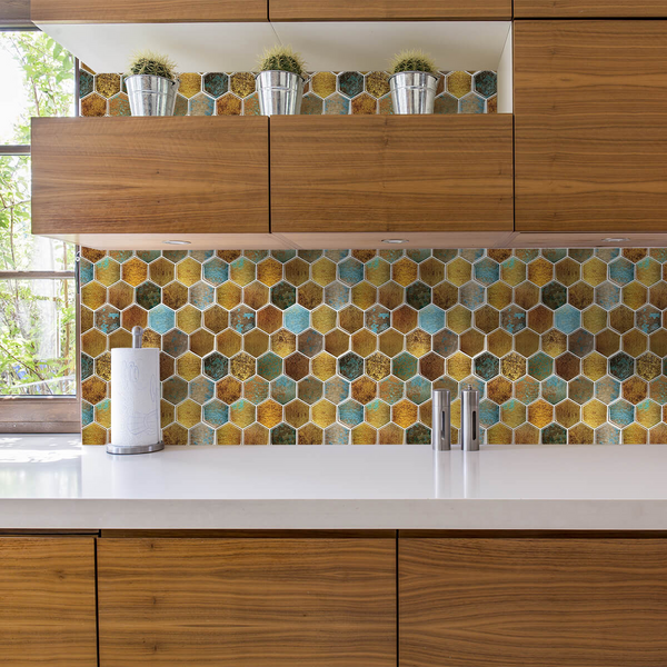 Azulejos para salpicaduras extraíbles hexagonales más gruesos de color metálico para la decoración de la pared de la cocina