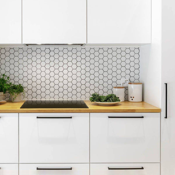 white hexagon backsplash kitchen