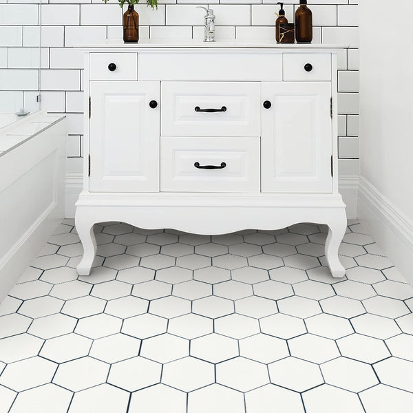 white hexagon peel and stick vinyl floor tile sticker