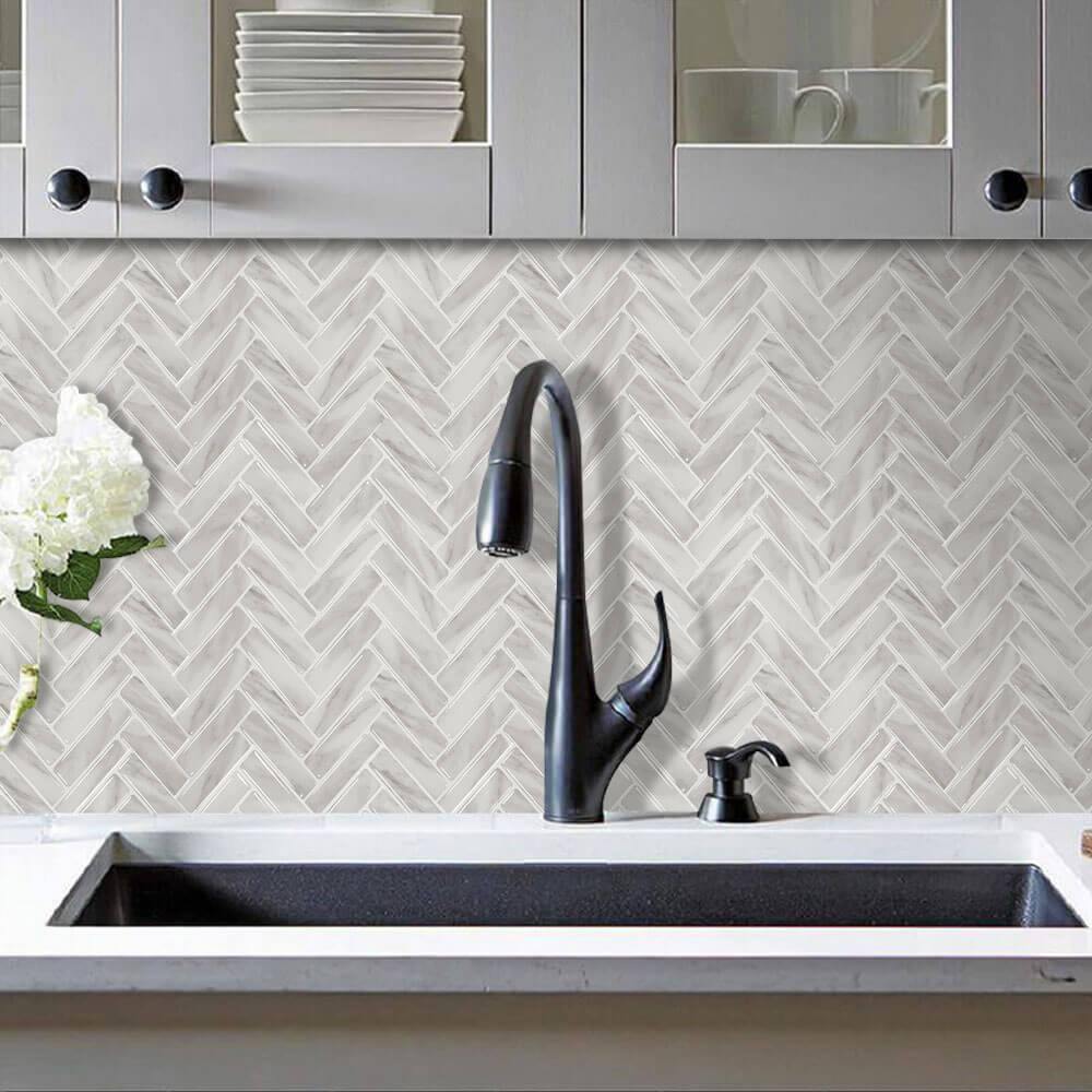 Gray Herringbone Marble Peel and Stick Backsplash Tile Commomy