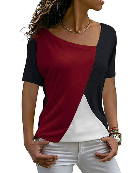 Popular round neck women's color contrast short sleeve T-shirt - Fashionate Woman