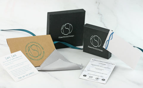 Jewellery boxes, care card, polishing cloth and gift tag from KlaarSmithDesign