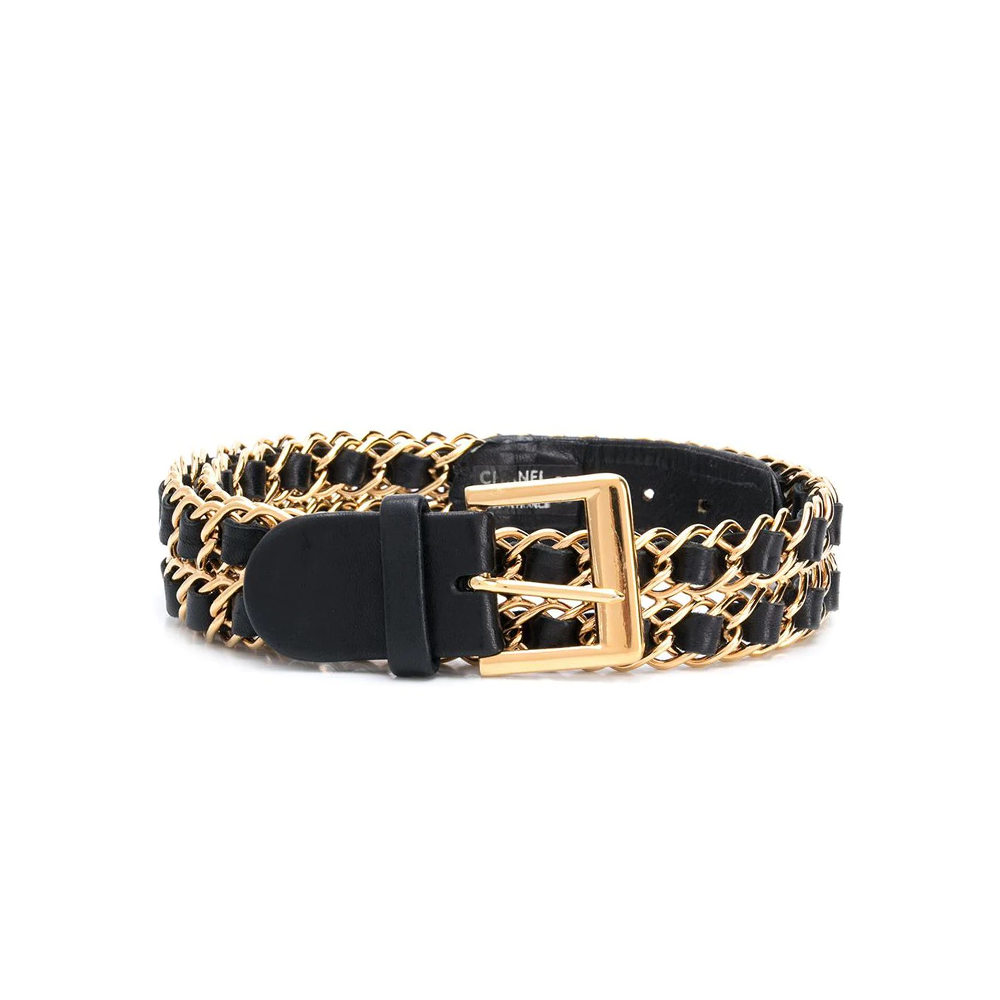 Chanel Vintage Chanel Black Leather x Gold Tone CC Belt SS695