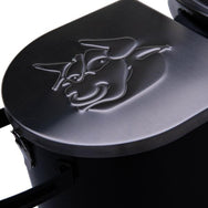 RT-B380 Bullseye wood pellet grill up close of the hopper lid with recteq bull logo on it.