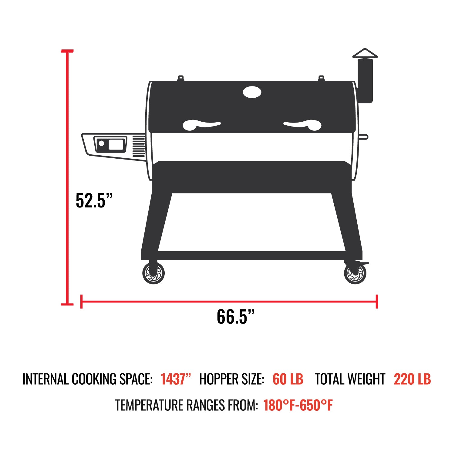 Cartoon Picture of the Flagship XL 1400 with the Exterior Dimensions of the Flagship XL 1400. Height of the Flagship XL 1400 is 52.5". Width of the Flagship XL 1400 is 66.5". The depth of the Flagship XL 1400 is 32". The total weight of the Flagship XL 1400 is 220 lb. With the Flagship XL 1400 Hopper Size: 60 lb.