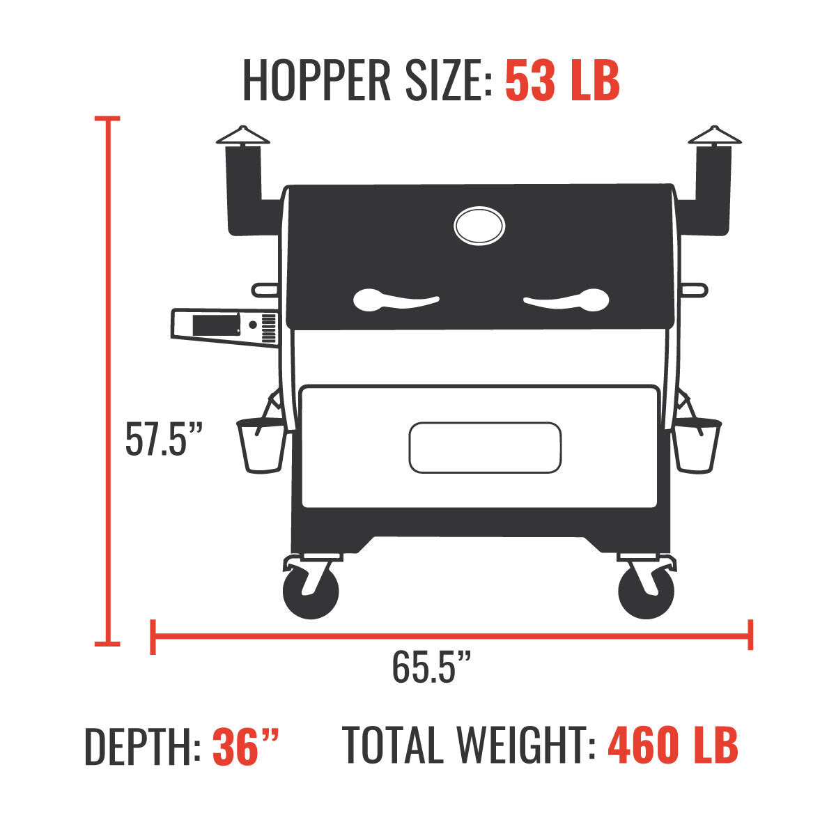 Cartoon Picture of the RT-2500 BFG with the Exterior Dimensions of the RT-2500 BFG. Height of the RT-2500 BFG is 57.5". Width of the RT-2500 BFG is 65.5". The depth of the RT-2500 BFG is 36". The total weight of the RT-2500 BFG is 560 lb. With the RT-2500 BFG Hopper Size: 53 lb.