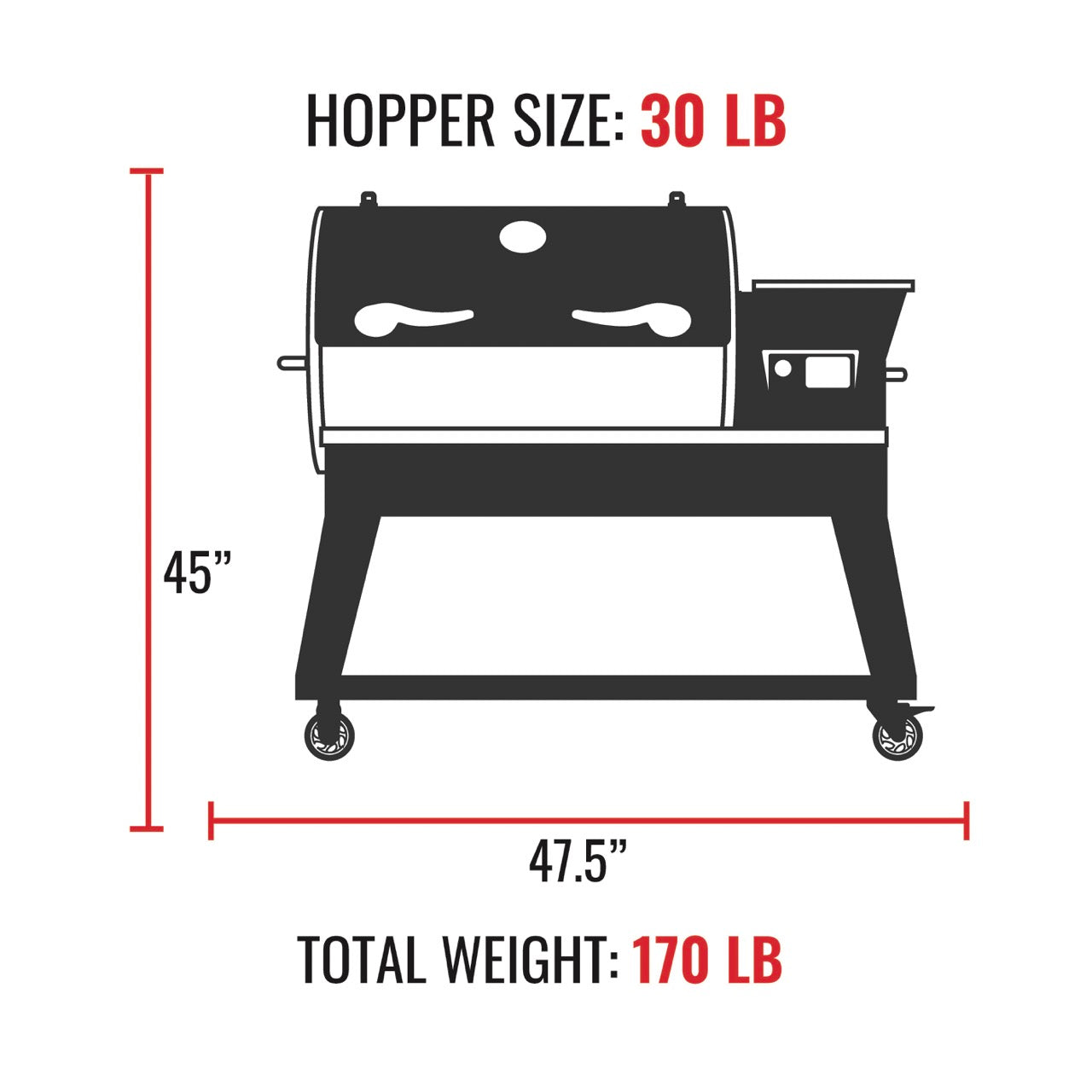 Cartoon Picture of the Backyard Beast 1000 with the Exterior Dimensions of the Backyard Beast 1000. Height of the Backyard Beast 1000 is 45". Width of the Backyard Beast 1000 is 47.5". The depth of the Backyard Beast 1000 is 24". The total weight of the Backyard Beast 1000 is 170 lb. With the Backyard Beast 1000 Hopper Size: 30 lb.