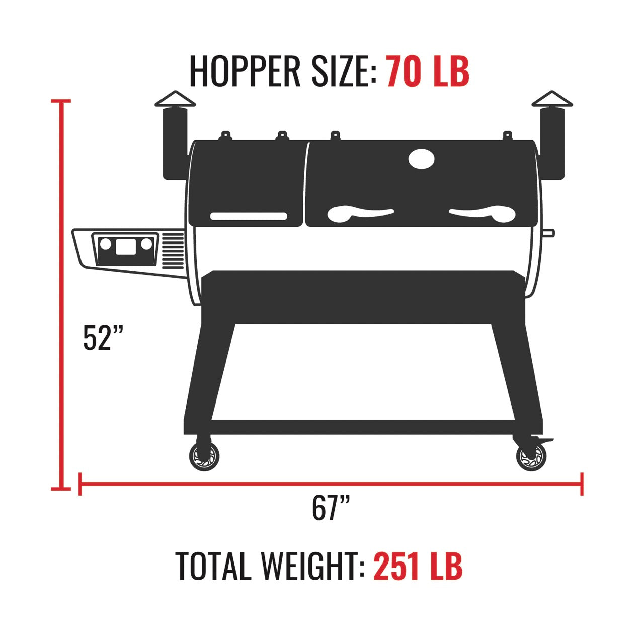 Cartoon Picture of the DualFire 1200 with the Exterior Dimensions of the DualFire 1200. Height of the DualFire 1200 is 52". Width of the DualFire 1200 is 67". The depth of the DualFire 1200 is 31". The total weight of the DualFire 1200 is 251 lb. With the DualFire 1200 Hopper Size: 70 lb.