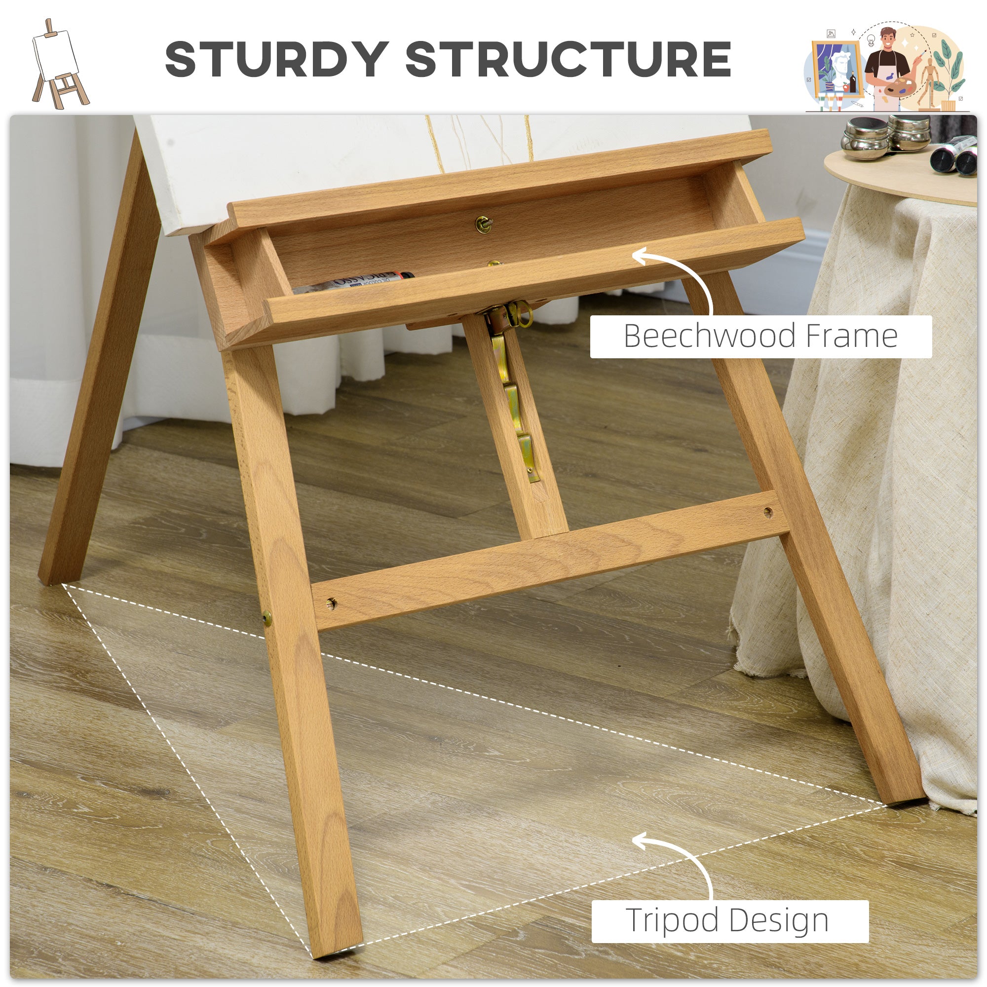 Vinsetto H-Frame Wooden Studio Easel Height Adjustable Canvas