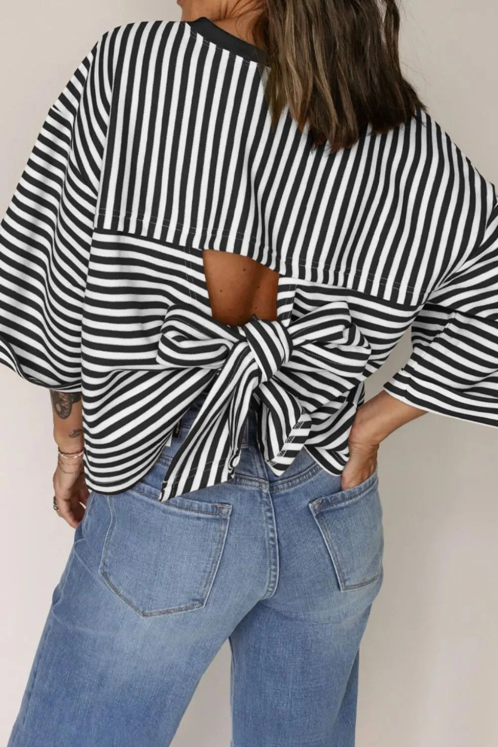 Tied Back Striped Round Neck Blouse