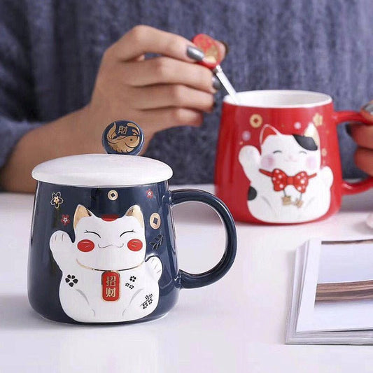 Buy wholesale Mug in cute cat design with cute handle with lid and lovely  spoon - 420 ml - DF-517