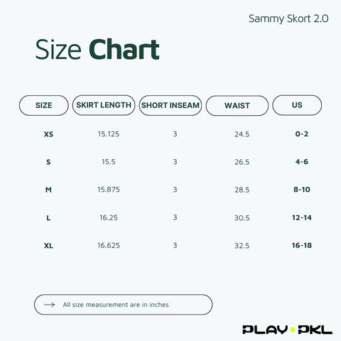Play-PKL Sammy Skort 2.0 Size Chart