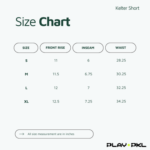 Play-PKL Kelter Short Size Chart