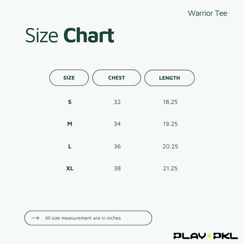 Play-PKL Warrior Tee Size Chart