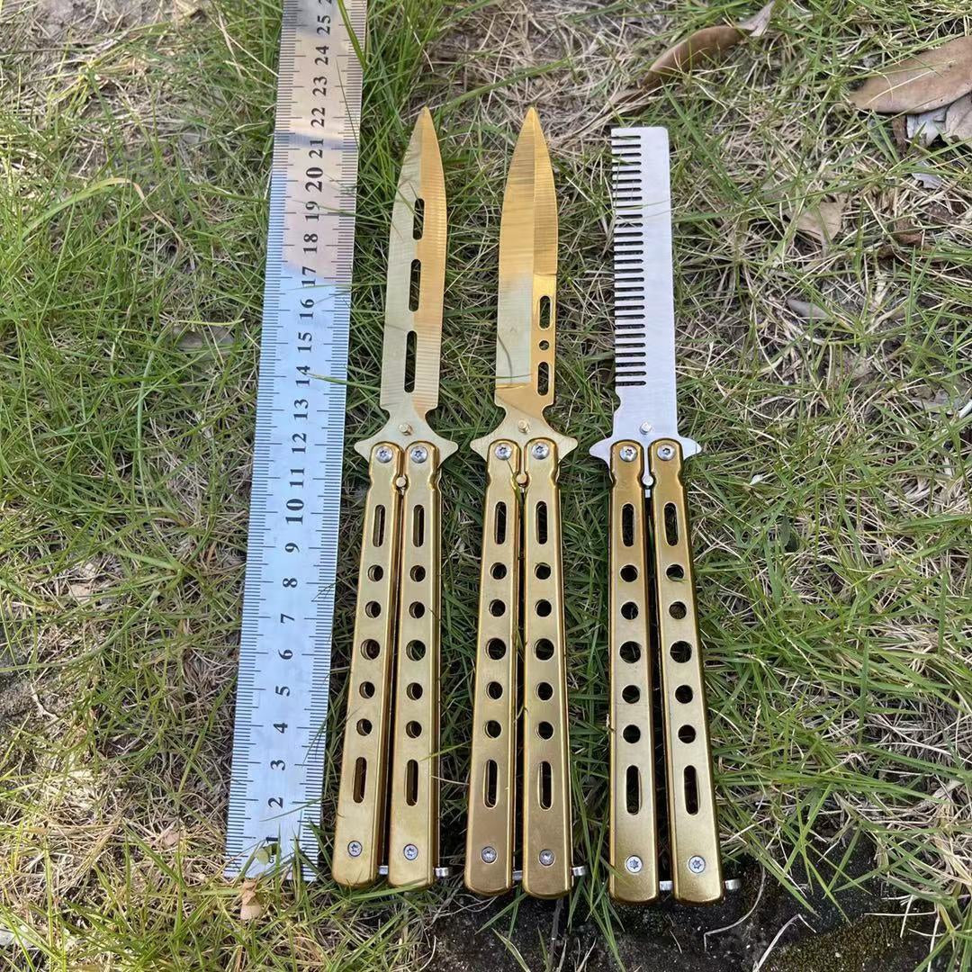 Golden Comb Butterfly Knife Fancy Comb Unblade All-steel Butterfly Knife Practice Butterfly Folding Knife Shake Knife