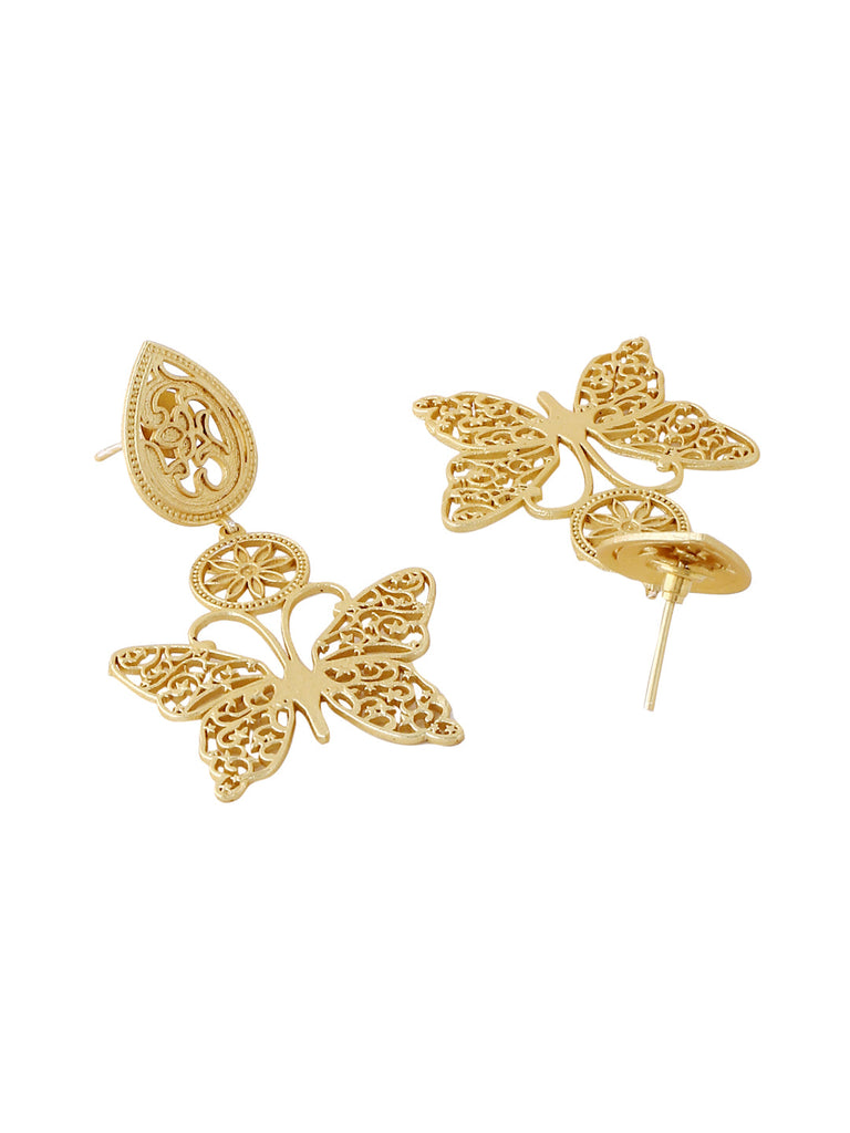Gold-Matte Gold Meenakari Butterfly Earrings