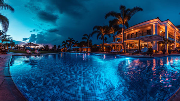 Pool lights illuminate the pool