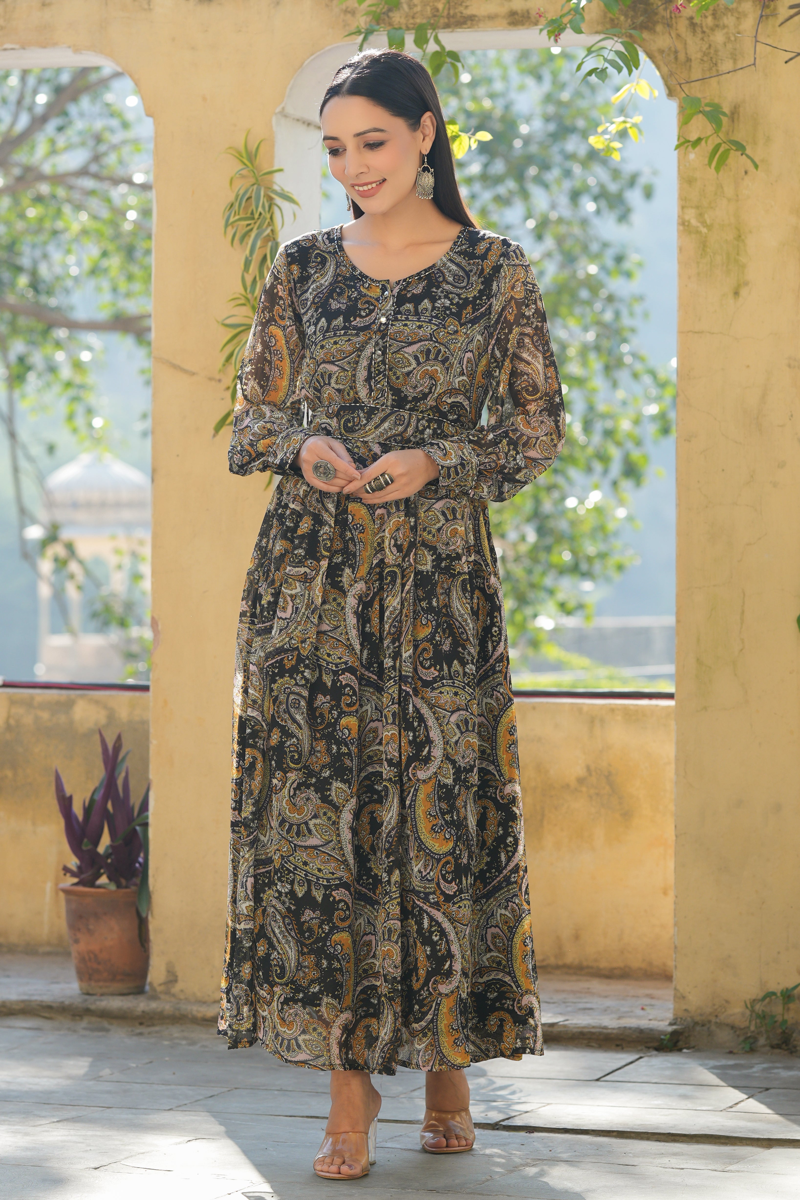 Buy Juniper Black Alphin Chiffon Flared Printed Dress With Tie-up Blet  Online in India
