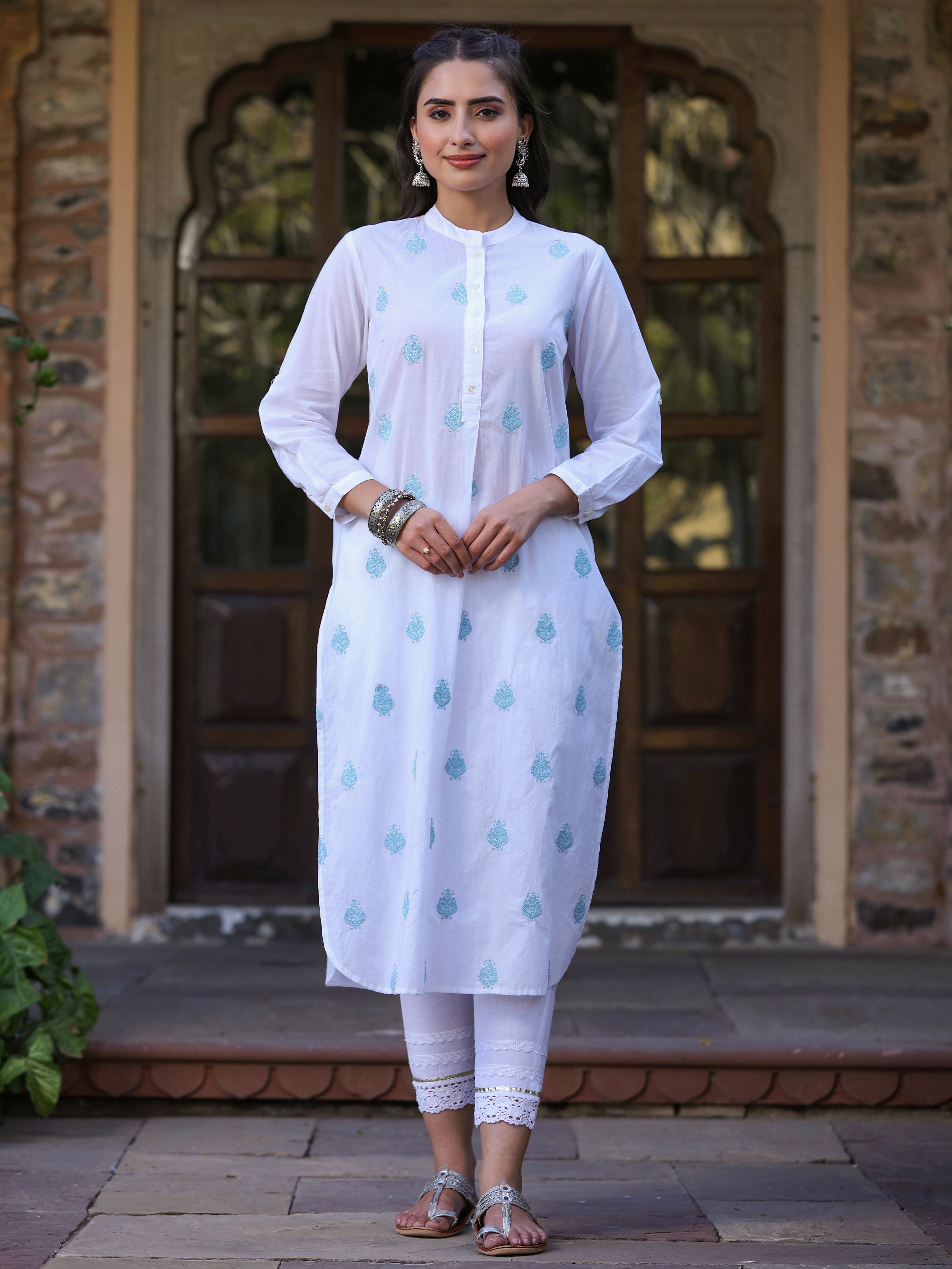 off-white cotton flex kurti with floral embroidery detailing with pint –