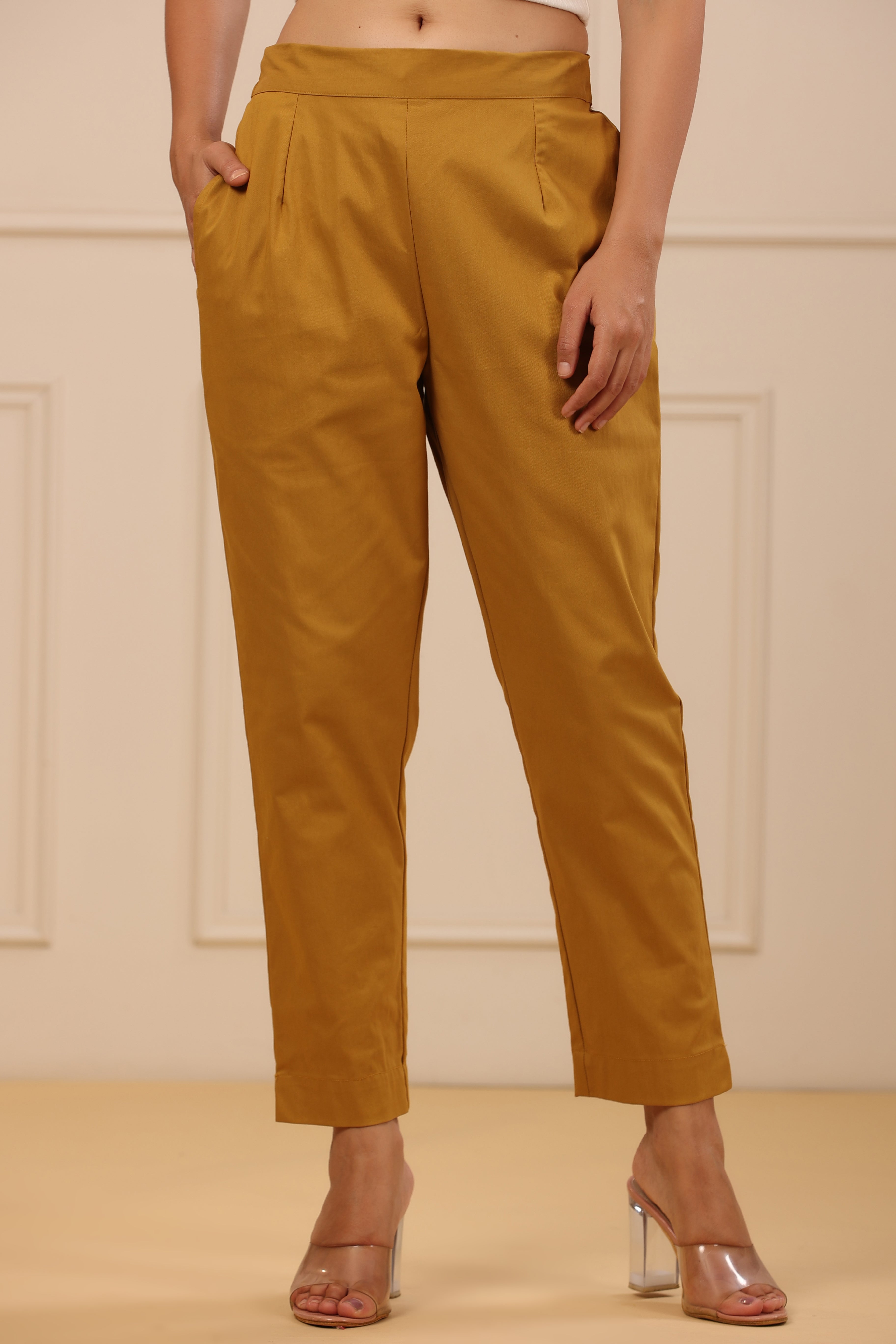 Buy Beige Cotton Solid Straight Pant Online in India