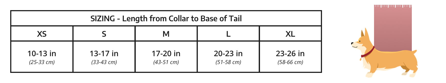 Taille KNAVIGATE, mesurant du col à la base de la queue : XS 10-13 pouces ; S 13-17 pouces ; M 17-20 pouces ; L 20-23 pouces; XL 23-26 pouces.