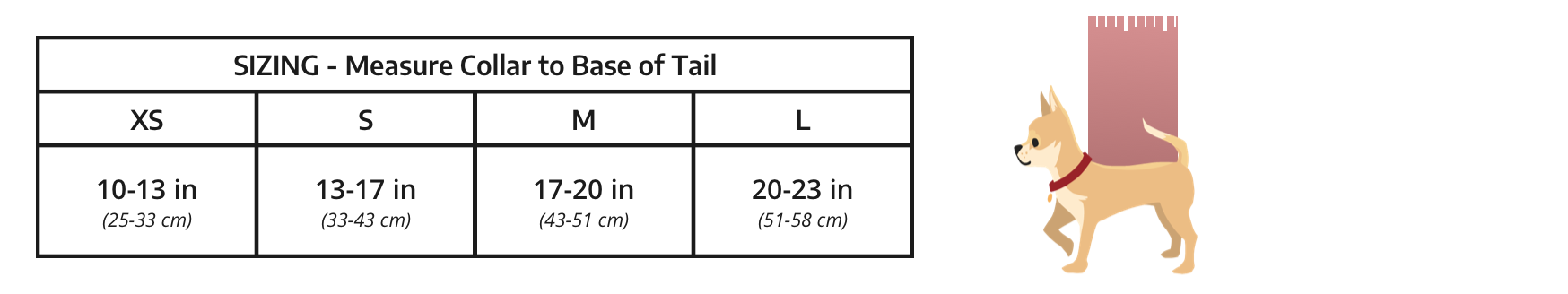 Taille AIR 2, mesurant du col à la base de la queue : XS 10-13 pouces ; S 13-17 pouces ; M 17-20 pouces ; L 20-23 pouces.
