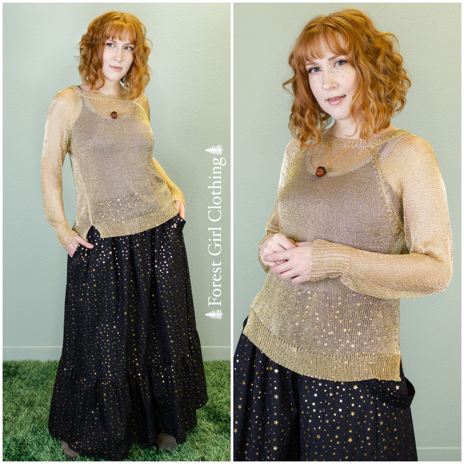 A gold mesh top and acorn necklace
