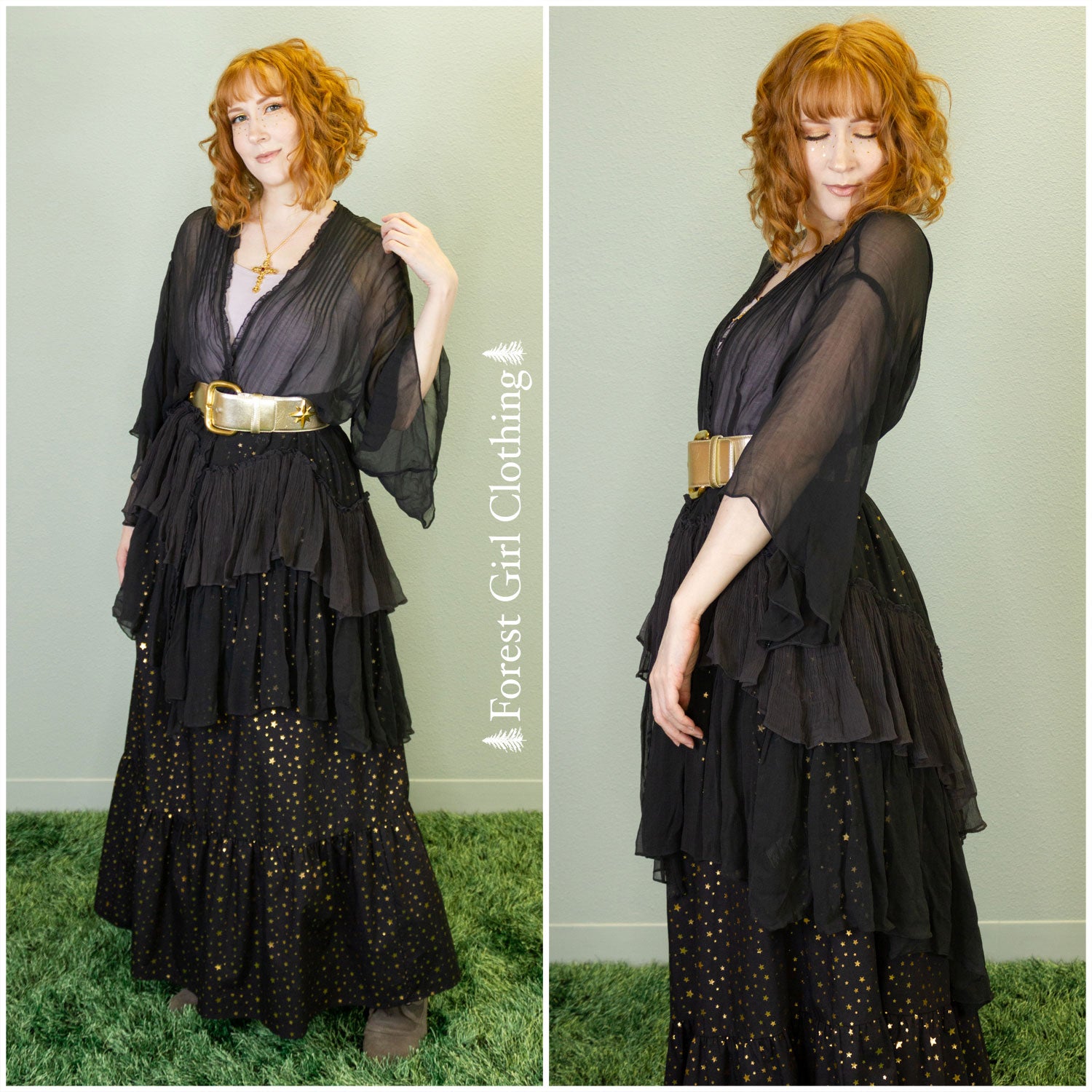 A dramatic, gauzy black robe draped over a light undershirt and cinched at the waist. The accents are both gold and silver.