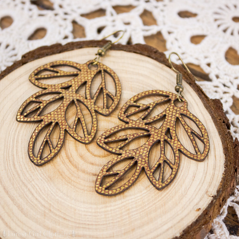Leather Leaf Earrings - Gold Scale
