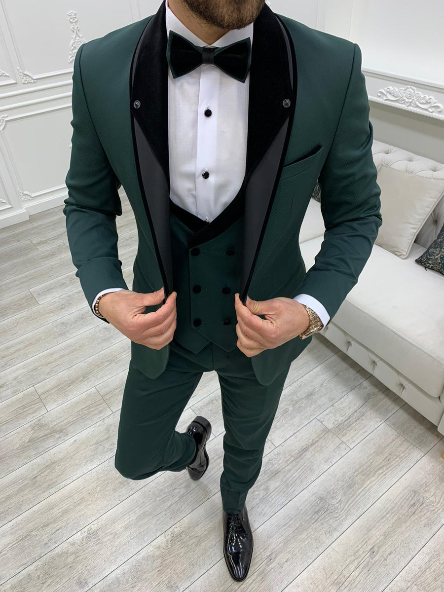 Partoni Royal Velvet Shawl Green Slim Fit Tuxedo | VICLAN