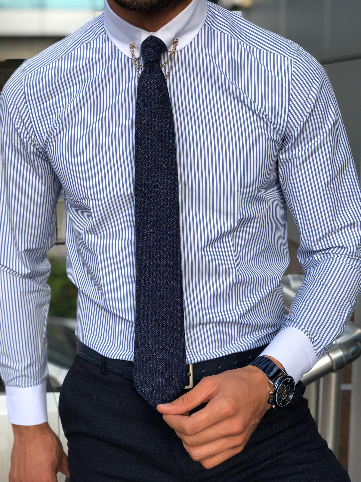 Slim-Fit Striped Chain Collar Shirt Blue | VICLAN