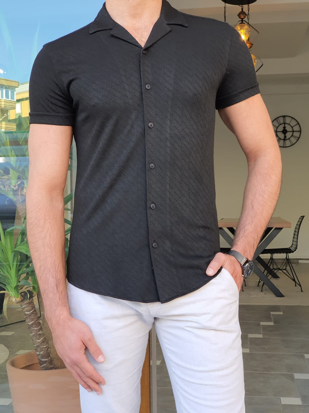 GentWith Akron Black Slim Fit Short Sleeve Shirt