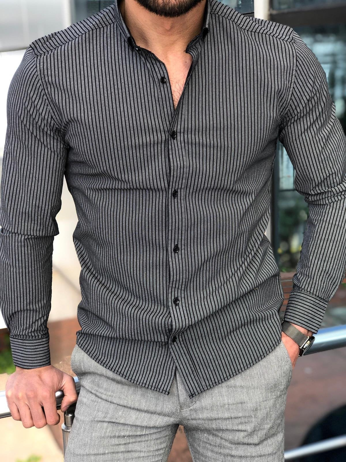 Slim-Fit Striped Shirt in Black | VICLAN