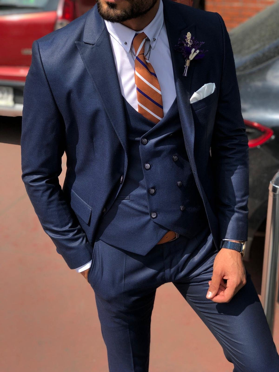 Baha Slim-Fit Patterned Suit Vest Navy Blue | VICLAN