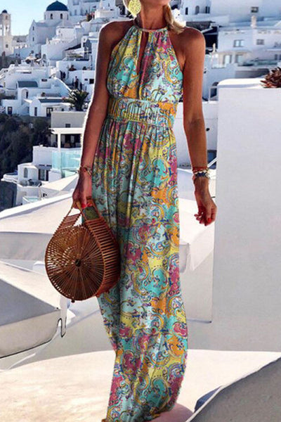 Fashion Bohemian Print Patchwork Halter Pleated Dresses(4 Colors ...