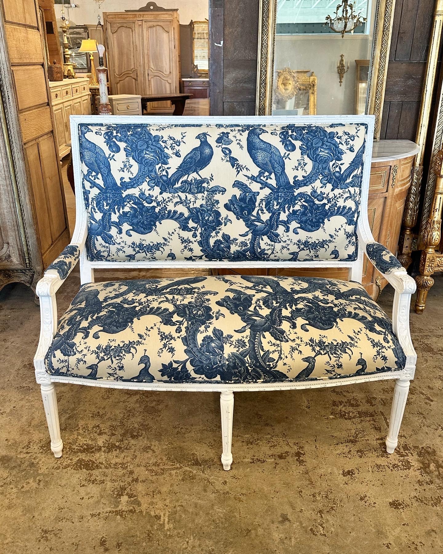 Antique Louis XVI Square Back Settee with White Frame