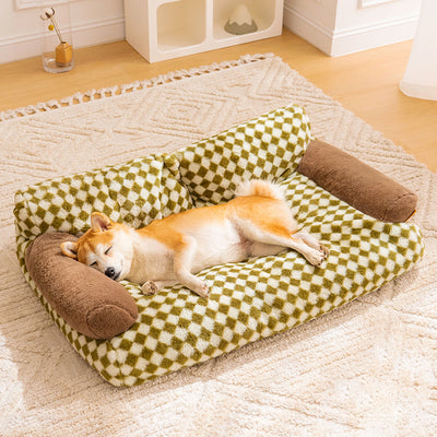 Cream-coloured Large Plaid Square Fuzzy Pet Dog Mat Bed Couch  Cover-FunnyFuzzy