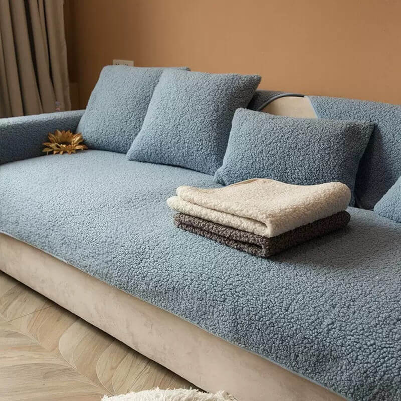 Ultrasoft Teddy Fleece Warm Non-Slip Couch Cover, Blue / Three Seat Seat(6 Pcs)