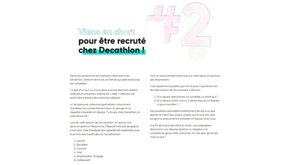 Page internet de Decathlon qui parle de sa campagne de recrutement "Viens en short"