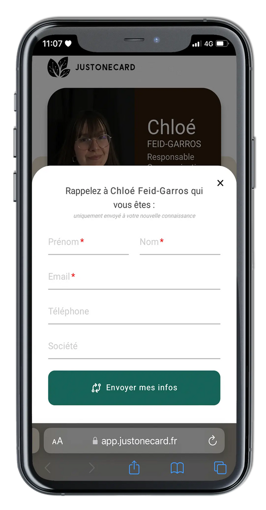Formulaire d'échange de contact de JustOneCard