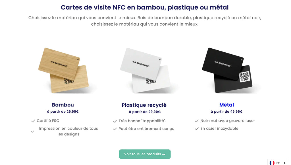 Large choix de matériaux de cartes de visite NFC chez Lemontaps