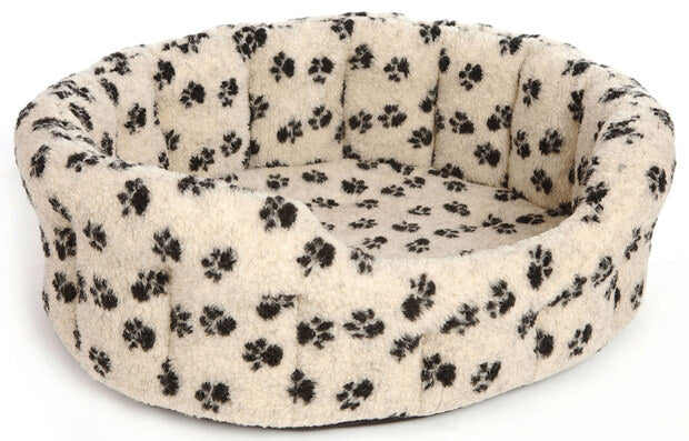 Image of Paw Print Fleece Oval Softee Dog Bed - Beige - Size 4