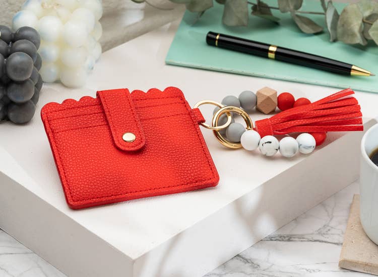 Leather Keychain Wallet With Wristlet Bangle Bracelet (Red)