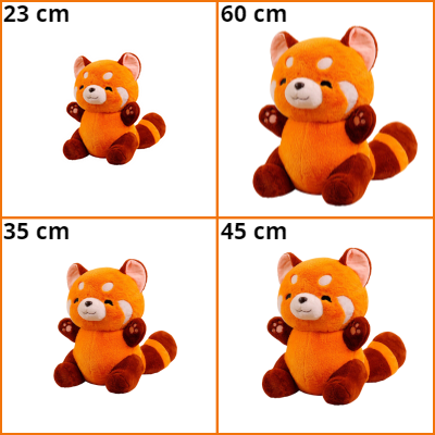 Quatre peluches panda roux de différentes tailles : 23cm, 35cm, 45cm et 60cm.