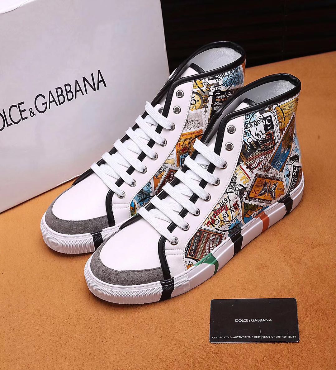D&G Dolce&Gabbana Men's Leather Fashion High Top Sneakers Shoes